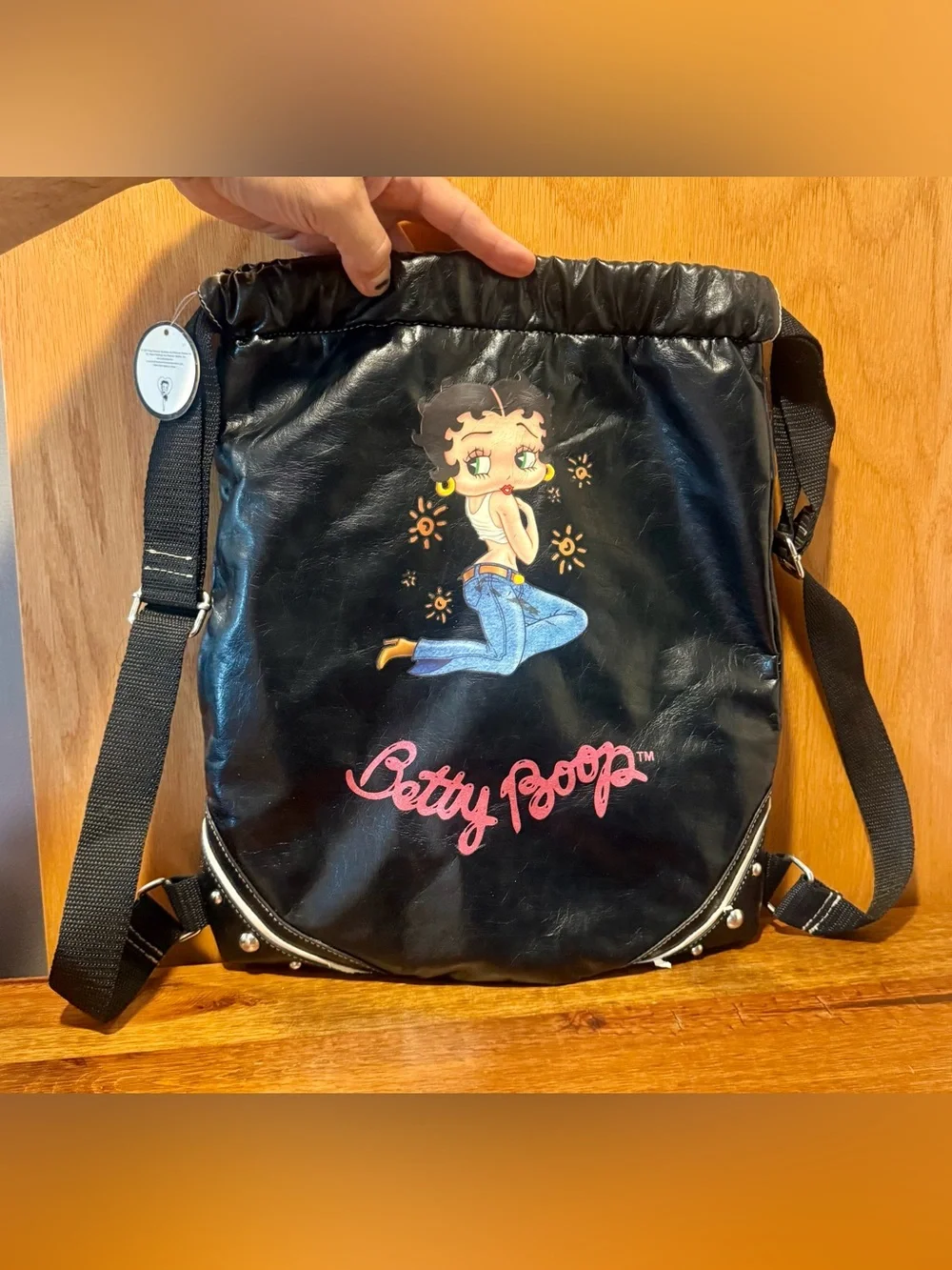 Vintage Distressed Betty Boop black faux-leather drawstring backpack Hand Bag
